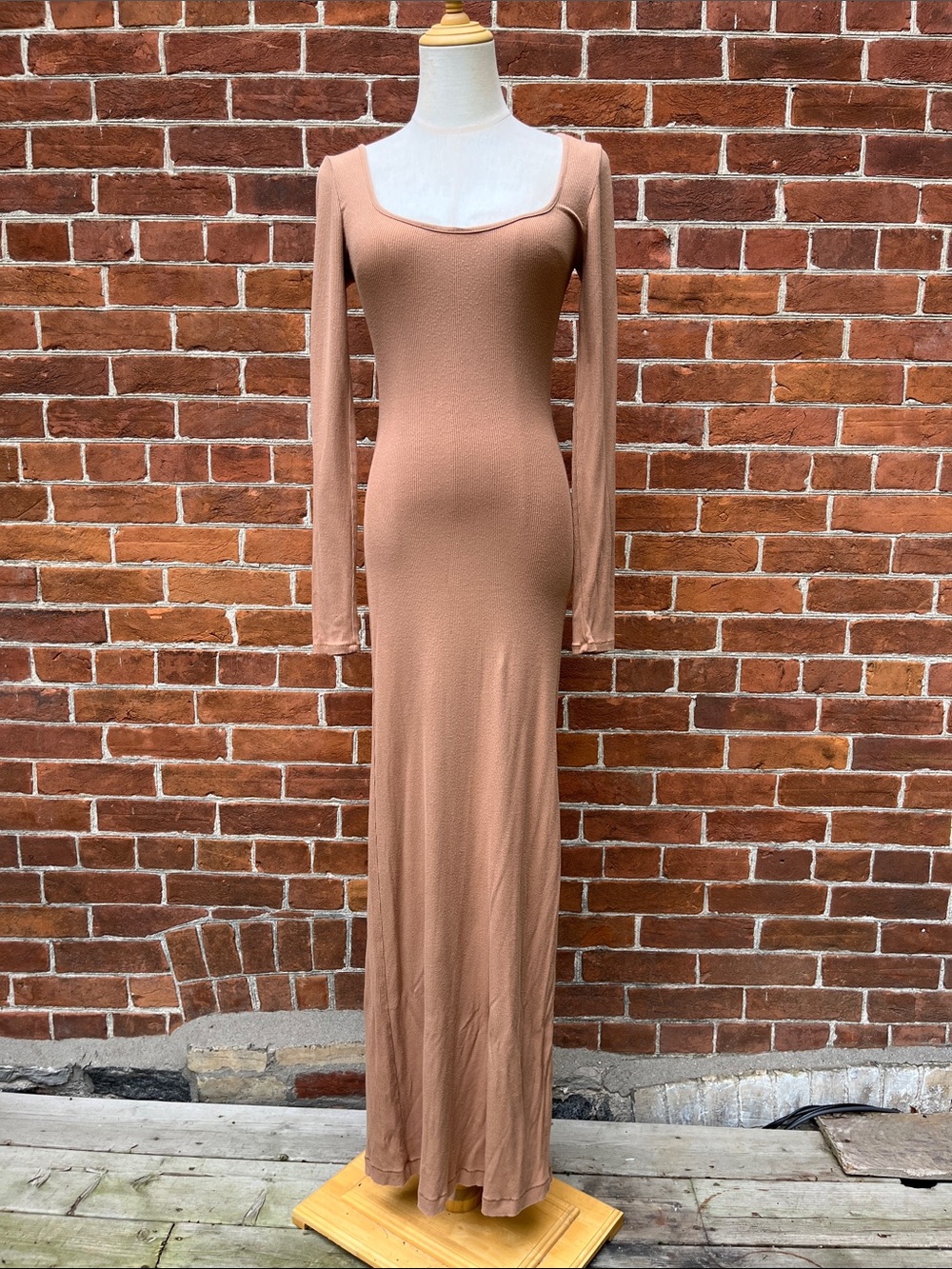 SKIMS Long Sleeve Scoop Maxi Dress in Tan-Taupe